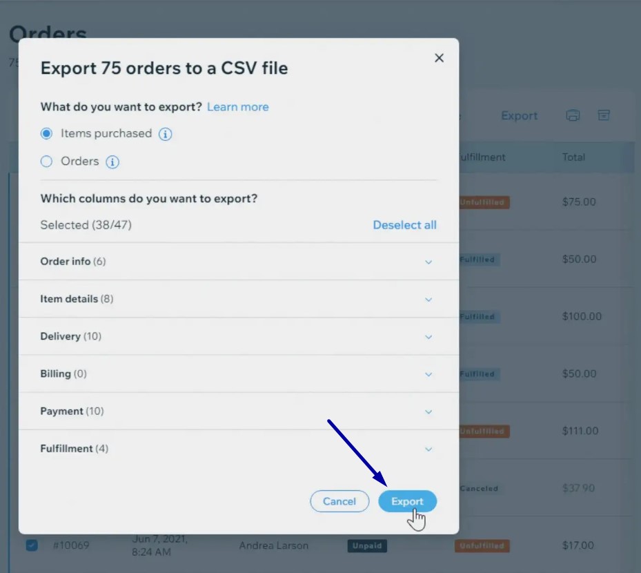 Click Export and save the CSV file to your computer